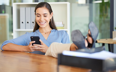 Image showing Phone, relax and office woman typing social media post for digital marketing, online advertising or doing internet web search. Girl writing blog article, business email or contact social network user