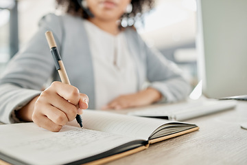 Image showing Notebook, pen and hands of woman writing, planning and working on calendar schedule for corporate business event. Paper, receptionist and secretary with pencil, planner and journal for message notes