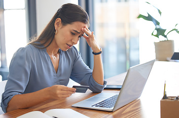 Image showing Credit card, stress or business woman with anxiety from banking fraud, financial problem or ecommerce scam. Password error, bankruptcy or sad worker frustrated with declined online payment or debt