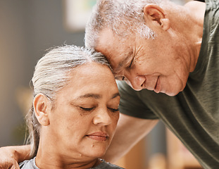 Image showing Love, support and senior couple hugging, bonding and spending quality time together at their home. Affection, romance and elderly man and woman in retirement embracing with care at their house.