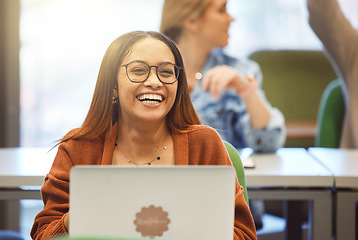 Image showing Black woman, laptop and student smile in classroom for university education, learning and school environment happiness. African girl, happy laughing and studying with digital tech device for college
