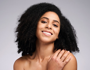 Image showing Skincare, beauty and portrait of black woman on gray background for wellness, healthy and glowing skin. Dermatology, luxury spa and face of girl for cosmetics, beauty products and facial treatment