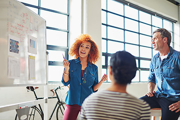 Image showing Business meeting, presentation and team collaboration on whiteboard in office, creative and vision. Business people, creative and planning, strategy and thinking by group discussing goal and mission