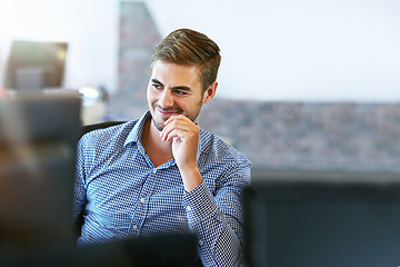 Image showing Happy, smile and face of businessman at computer for management, leadership and vision. Professional, executive and future with thinking employee in digital agency for mindset, career or goal