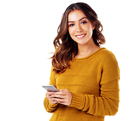 Image showing Portrait of happy woman with phone isolated and typing email, or message on white background mockup. Communication, technology and smartphone, social media influencer networking and surfing internet.