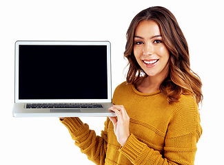 Image showing Woman, portrait or laptop mockup screen on isolated white background for college elearning, video call or ecommerce. Smile, happy or model on technology mock up for logo branding or digital marketing