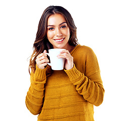 Image showing Woman, portrait and drinking coffee on isolated white background, marketing space or advertising mock up. Smile, happy and relax model with tea cup for cafe, coffee shop or restaurant promotion ideas