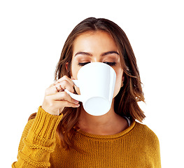 Image showing Model, beverage or drinking coffee on isolated white background, marketing space or advertising mock up. Woman, relax or break with tea cup for cafe, coffee shop brand or restaurant promotion mockup