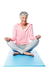 Image showing Portrait, yoga lotus and senior woman in studio isolated on a white background. Zen chakra, pilates fitness and retired happy female model training, sitting and stretching for health and wellness.