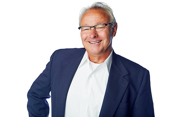 Image showing Success, white background and portrait of senior man for ceo promotion, management and leadership career. Corporate boss, professional and isolated elderly entrepreneur smile with confident attitude