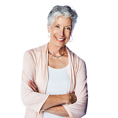 Image showing Senior woman, studio portrait and arms crossed with smile, happiness and focus by white background. Isolated old woman, elderly retirement and beauty with fashion, style and clothes with confidence