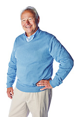 Image showing Happy, content and portrait of a senior man with a smile isolated on a white background in studio. Happiness, confident and retired elderly model with a pose in retirement on a studio background