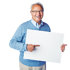 Image showing Mockup portrait, poster or old man pointing at marketing placard, advertising banner or product placement. Studio mock up, billboard promotion sign or happy sales model isolated on white background