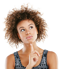 Image showing Thinking, idea and face of black woman on a white background with cosmetics, makeup and confidence. Beauty, inspiration and isolated headshot of girl model pose for marketing, advertising and mockup