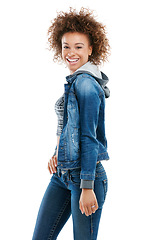 Image showing Black woman, smile and standing isolated on a white background in denim fashion for profile. Portrait of a happy confident young African American female model smiling in happiness for clothing style