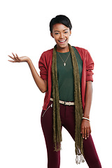 Image showing Black woman, studio portrait and marketing with palm, hand and smile for product placement by white background. Young african model, isolated woman and happy for advertising, fashion and clothes