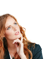 Image showing Thinking, mockup and face with a woman in studio isolated on a white background for marketing or advertising. Idea, mock up and branding with a female on blank space looking at product placement