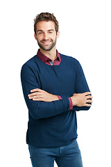 Image showing Happy, handsome and portrait of man with arms crossed isolated on a white background in studio. Fashion, smile and person with arms folded with pride, happiness and confidence on a studio background