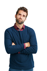 Image showing Sad, question and thinking businessman with choice, option or decision for career problem in studio. Young corporate worker with dilemma and doubt expression on face with isolated white background.