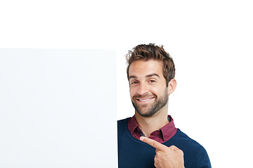 Image showing Studio portrait, pointing and business man poster for marketing, advertising or promotion space. Model, hand sign and show mockup for product placement, brand or idea isolated on white background