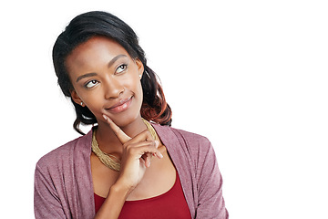 Image showing Black woman, face and thinking finger on isolated marketing space, promotion mockup and advertising mock up. Smile, happy model and student with ideas, vision or innovation on white background mockup