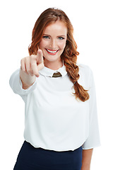 Image showing Happy, portrait and woman pointing her finger in a studio with a stylish, edgy and classy outfit. Happiness, smile and female model point for direction or sign language isolated by a white background