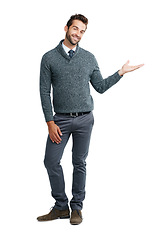 Image showing Product placement, marketing and portrait of a man with mockup space isolated on a white background. Advertising, branding and employee showing a product for a commercial on a studio background