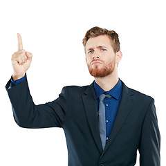 Image showing Portrait, pointing and marketing with a business man looking serious in studio isolated on a white background. Mindset, point and advertising with a male employee showing blank space for branding