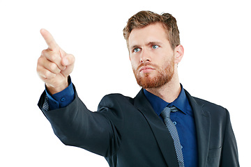 Image showing Mockup, business and man pointing, serious or guy isolated on white studio background. Executive, male entrepreneur or marketing manager for advertising campaign, sales growth or corporate consultant