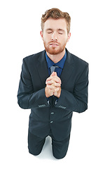 Image showing Praying, job and business man in studio for hiring, recruitment or career opportunity hope, faith and help. Prayer hands sign, emoji and corporate worker in job search, interview results or feedback