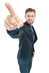 Image showing Businessman, studio portrait and pointing with hand for vision, future or success by white background. Isolated man, corporate suit and hand sign with smile, goals or happy for professional aesthetic