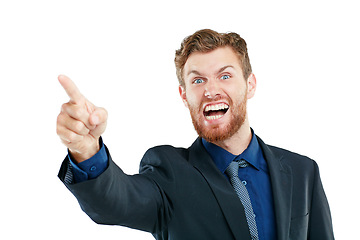 Image showing Portrait, angry and businessman pointing in studio, frustrated and shouting on white background. Stress, threat and hand sign or warning, conflict or bullying, direction and aggression while isolated