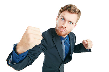 Image showing Portrait, angry and fist with a business man in studio isolated on a white background for corporate conflict. Anger, aggression and violence with a male employee ready for a fight on blank space