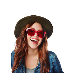 Image showing Portrait, fashion and sunglasses with a model woman in studio isolated on a white background for a clothes brand. Face, style and hat with an attractive young female posing to promote trendy clothes