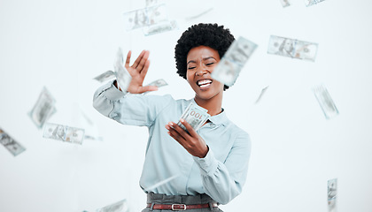 Image showing Money, cash and business black woman in studio wealth, bonus and investment success with finance, profit and savings. Lottery, winner and salary of an african corporate employee for financial freedom