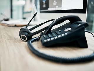 Image showing Telephone, contact us with call center, communication and headphone with microphone on work desk. Contact center, customer support and phone, consulting and customer service with callcenter voip.