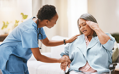Image showing Nurse, senior woman and headache with rehabilitation, physiotherapy and help with disability. Black woman, healthcare expert and old woman for injury, wellness and physical therapy for helping hand
