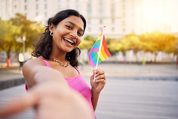 Image showing Selfie, lgbtq event and woman with a flag for sexuality freedom, happy celebration and gay rights at a festival in the city of Germany. Smile, photo and portrait of a girl at a pride street party