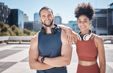Image showing Sports fitness, portrait and couple in city ready for workout, training or exercise. Face, diversity and happy man and woman standing on street preparing for running, jog or cardio outdoors together.