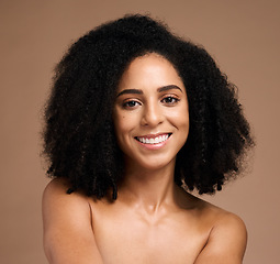 Image showing Face, beauty and black woman in portrait, smile with skincare, glow and natural cosmetics, hair care and microblading. Teeth, clean with facial, healthy skin and wellness against studio background