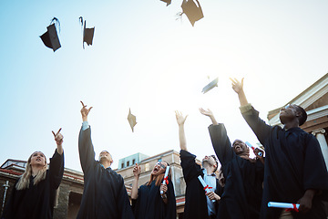 Image showing Diversity, graduation hat or students with celebration, university or happiness outdoor. Young people, men or women with degree completion, education or knowledge for success, graduate or achievement