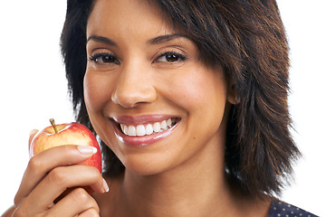 Image showing Portrait, health or black woman eating an apple in studio on white background with marketing mockup space. Happy, face or African girl advertising a healthy diet of fruit or nutrition for wellness