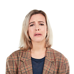 Image showing Sad face, white background and portrait of woman isolated in studio for upset, depression and unhappy emotion. Sadness, fail and frustrated girl with depressed, crying and negative facial expression