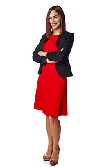 Image showing Isolated, business and portrait of woman with arms crossed in white background studio for management, leadership and fashion. Happy, smile and confident with girl standing alone for cute and formal