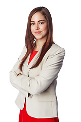 Image showing Isolated, business and portrait of woman with arms crossed in white background studio for management, leadership and fashion. Happy, smile and confident with girl standing alone for cute and formal