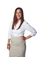 Image showing Isolated business woman, smile and standing as a leader for profile or ambition against a white studio background. Portrait of a young people, person model posing with hand on hip on white background