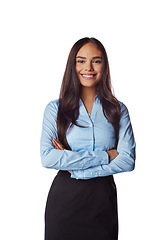 Image showing Isolated, business and portrait of woman with arms crossed in white background studio for management, leader and fashion. Happy, smile and confident with Brazilian girl for formal, cute and style