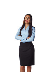 Image showing Isolated, business and portrait of woman with mockup in white background studio for management, leader and fashion. Happy, smile and confident with Brazilian girl and arms crossed for formal and cute