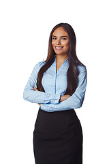 Image showing Isolated, business and portrait of woman with mockup in white background studio for management, leader and fashion. Happy, smile and confident with Brazilian girl and arms crossed for formal and cute