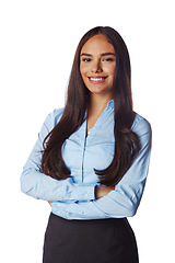 Image showing Isolated, business and portrait of woman with arms crossed in white background studio for management, leader and fashion. Happy, smile and confident with Brazilian girl for formal, cute and style